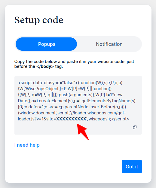 Wisepops setup code